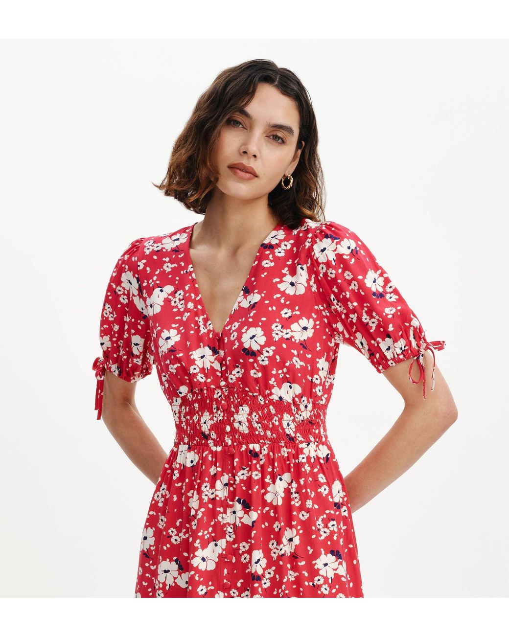 Finery London Red Margot Puff Sleeve Button Through Midi Dress