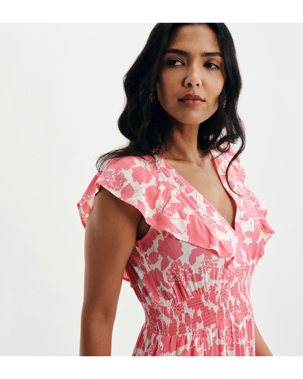 Finery London Pink Mattie Frill Sleeve Empire Waist Tiered Midi Dress
