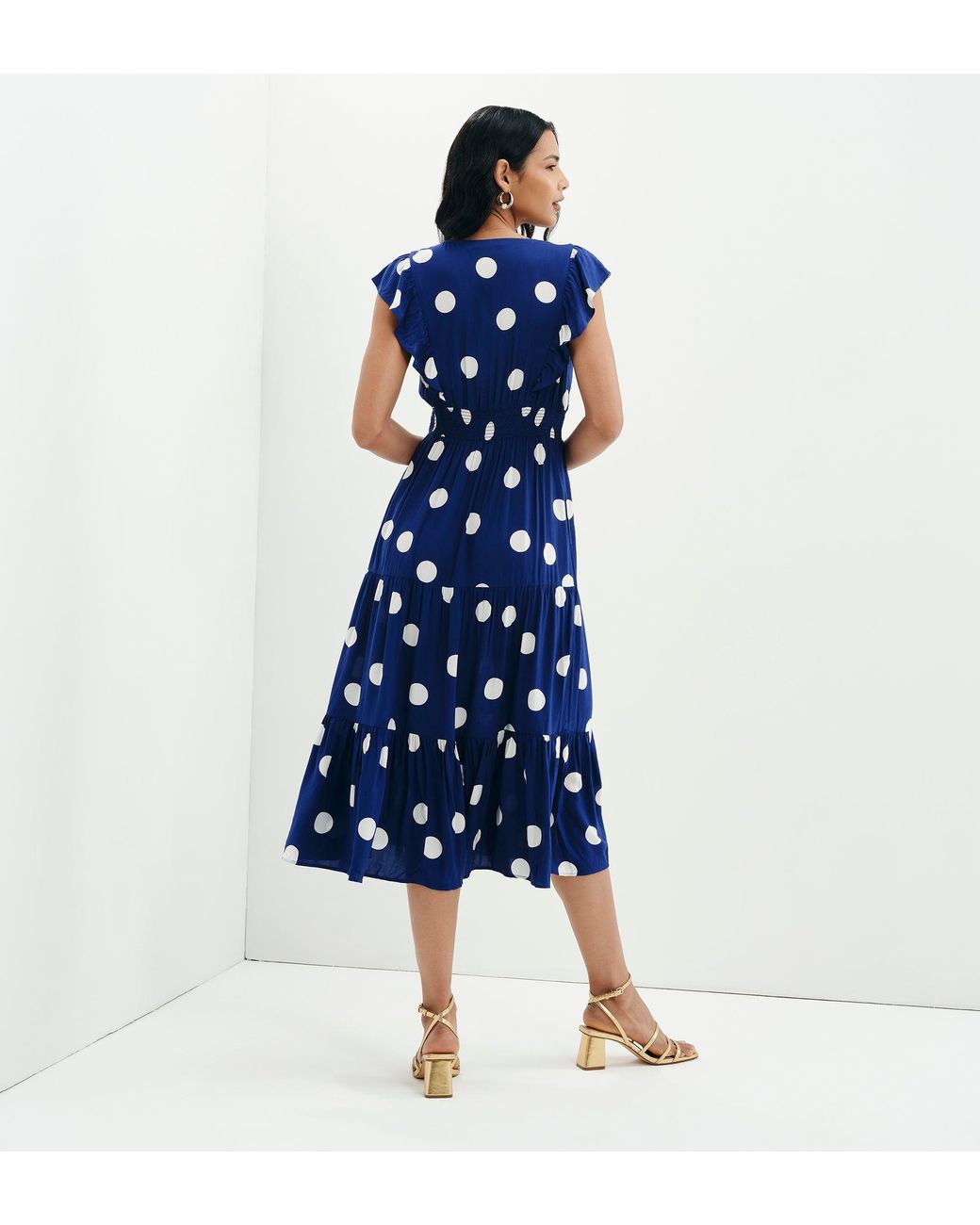 Finery London Blue Mattie Polka Dot Frill Sleeve Empire Waist Tiered Midi Dress