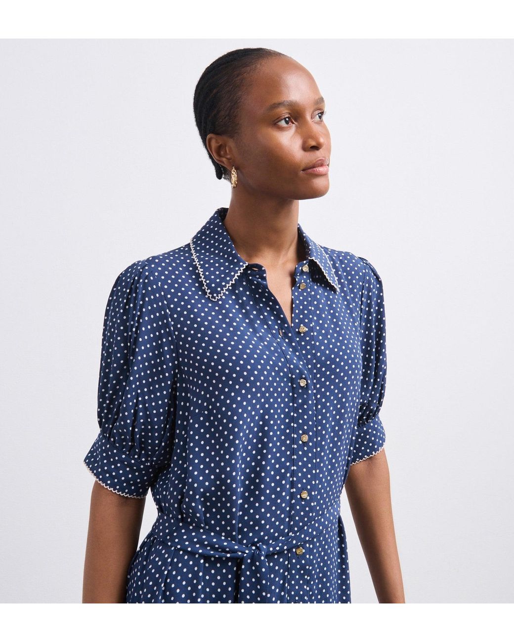 Finery London Michelle Polka Dot Midi Shirt Dress in Blue