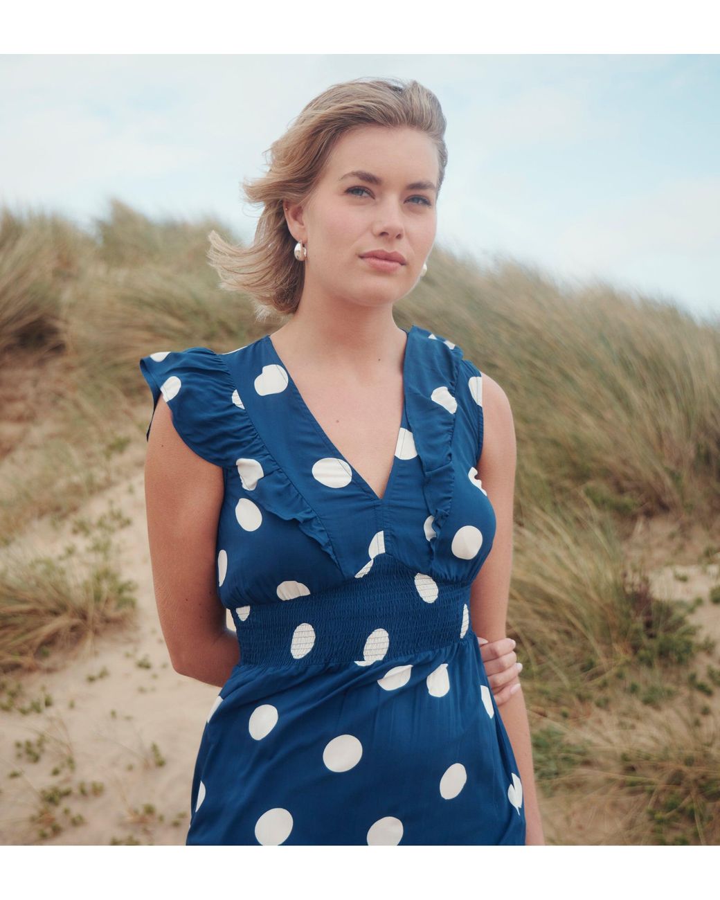 Finery London Blue Mattie Polka Dot Frill Sleeve Empire Waist Tiered Midi Dress