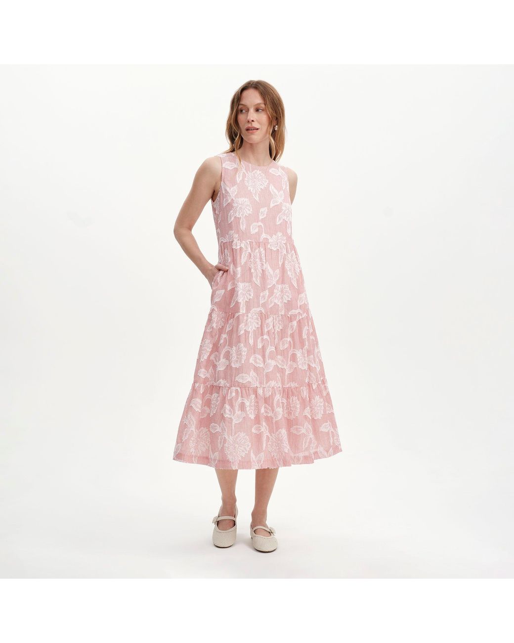 Finery London Pink Hollie Jacquard Stripe Cotton Sleeveless Midi Dress