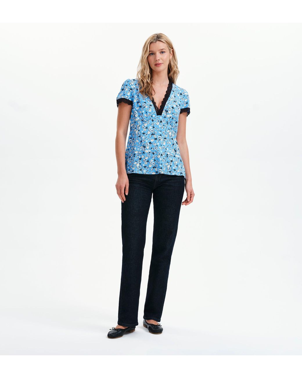 Finery London Blue Lacie Lace Trim V-Neck Empire Waist Top
