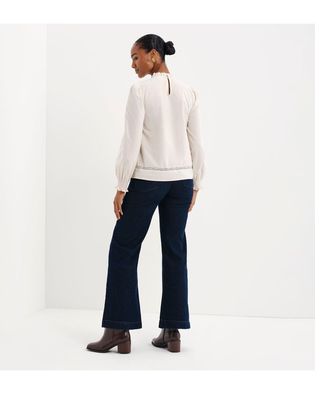 Finery London Natural Alicia Corduroy Lace Trim Pintuck Top