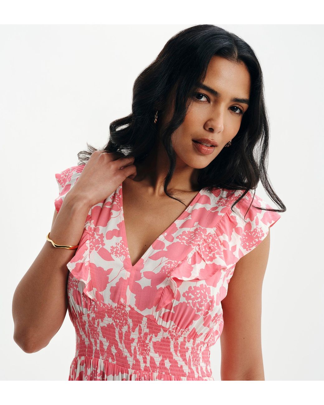 Finery London Pink Mattie Frill Sleeve Empire Waist Tiered Midi Dress