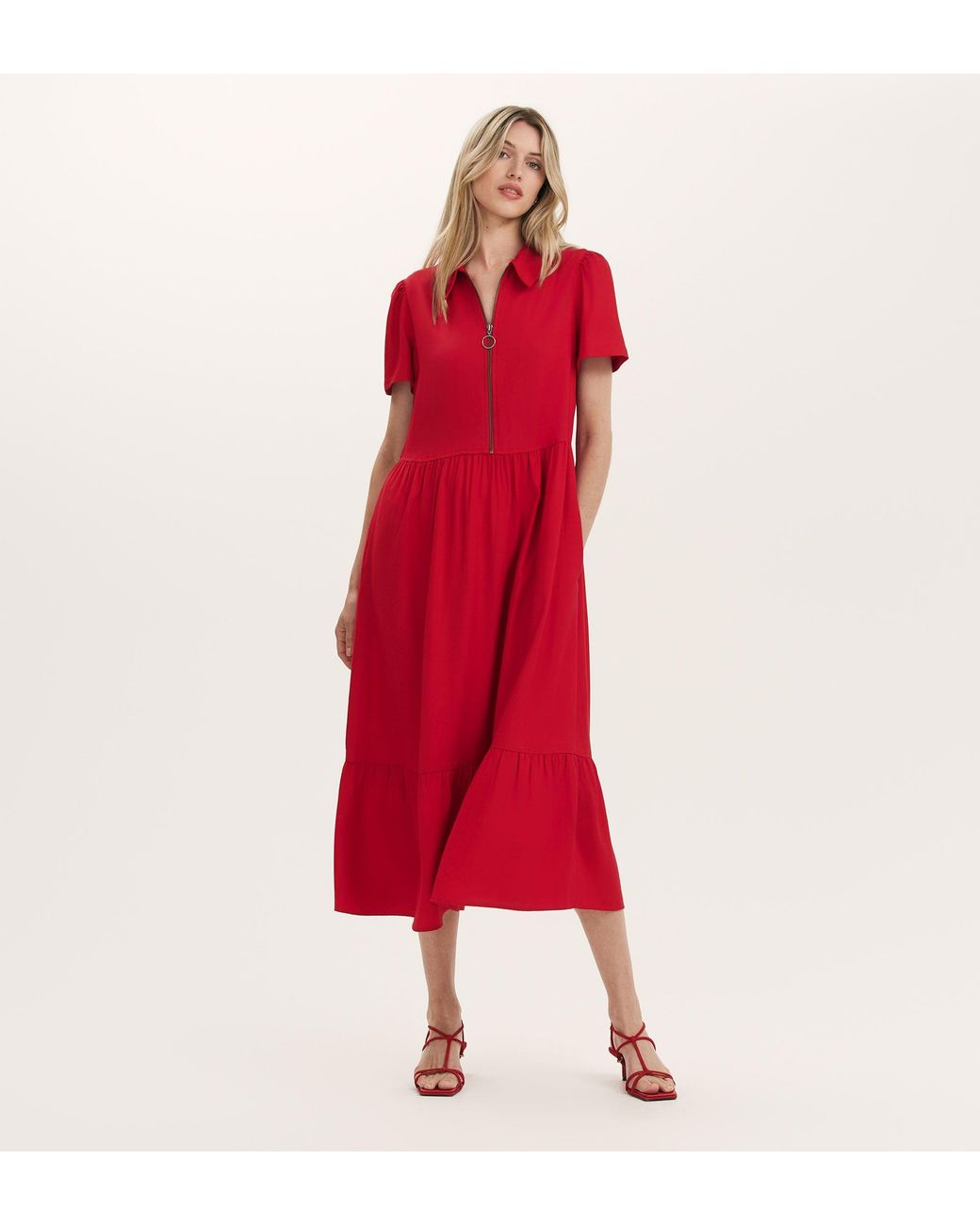 Finery London Red Orion Zip Front Midi Shirt Dress