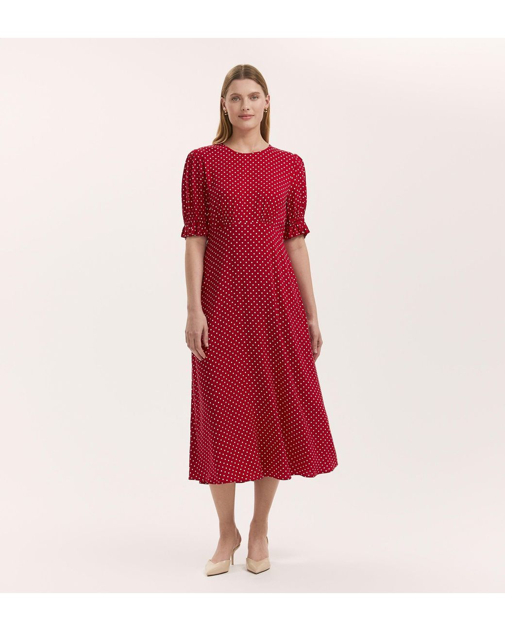 Finery London Red Mela Polka Dot Midi Tea Dress