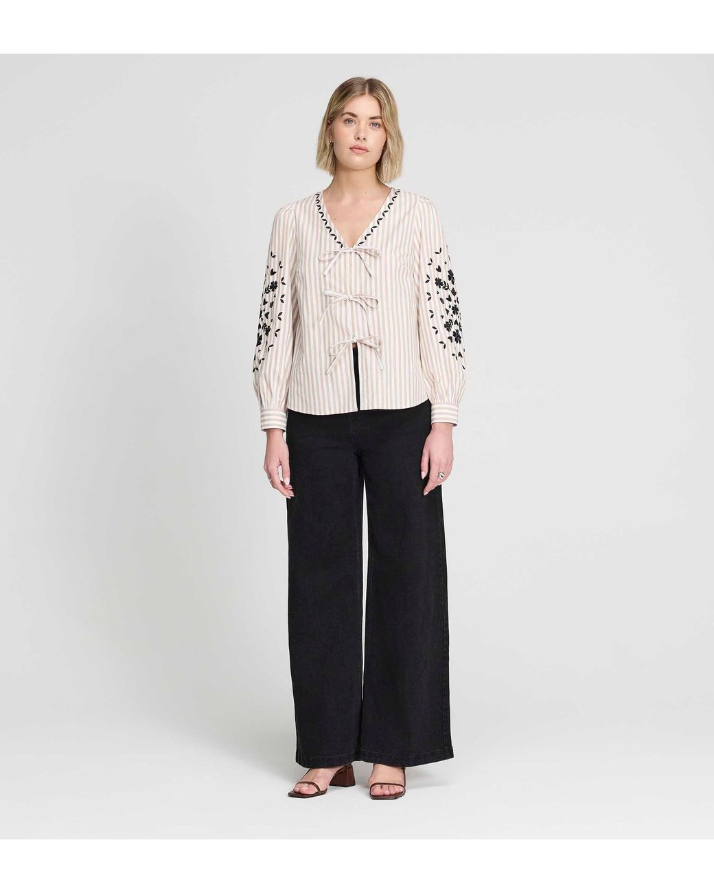Finery London White Karlee Embroidered Cotton Tie Front Blouse