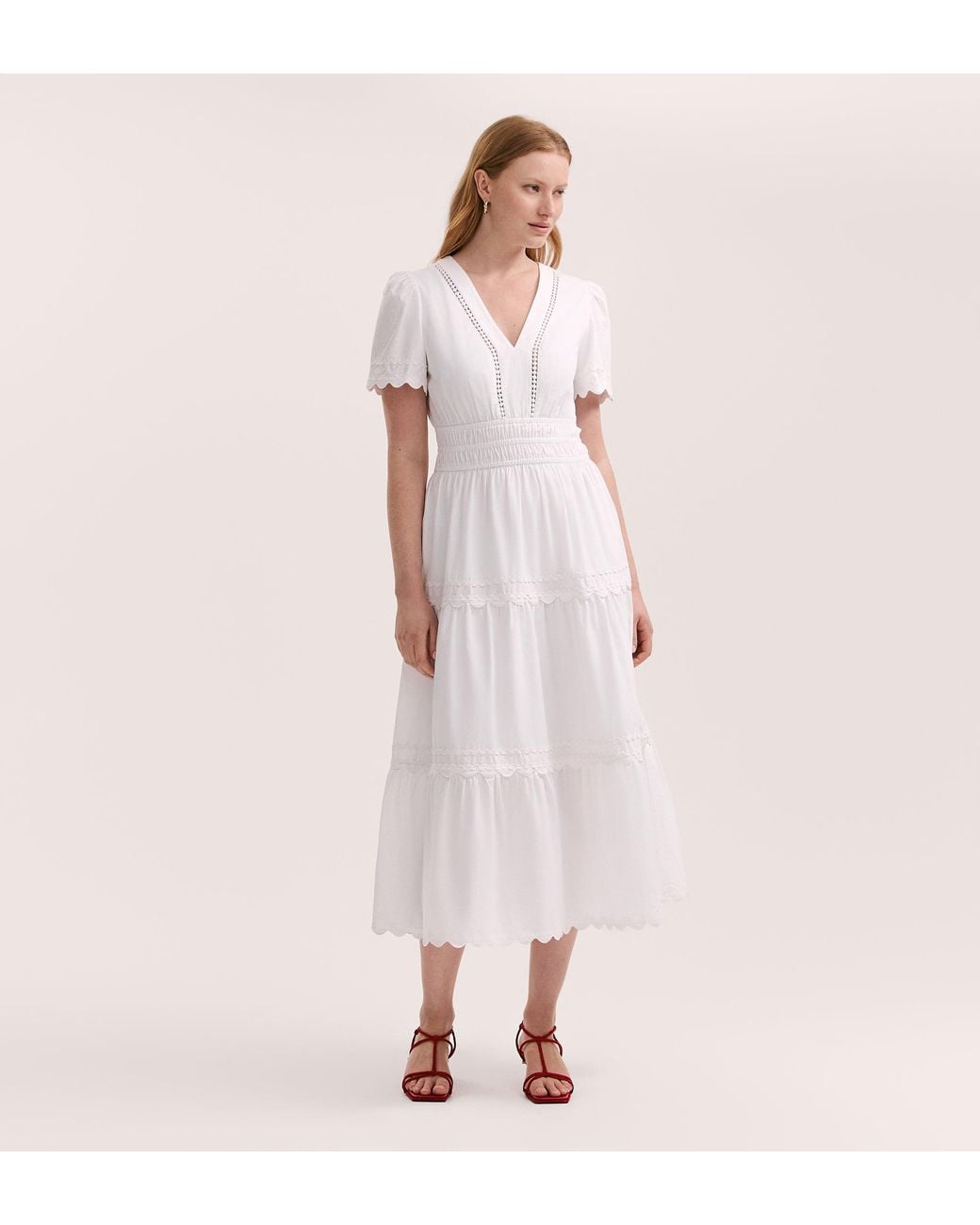 Finery London Pink Wren Cotton Midi Tiered Dress