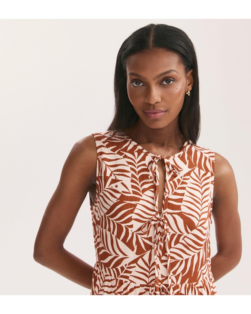 Finery London Pink Larissa Tan Leaf Tie Front Midi Dress
