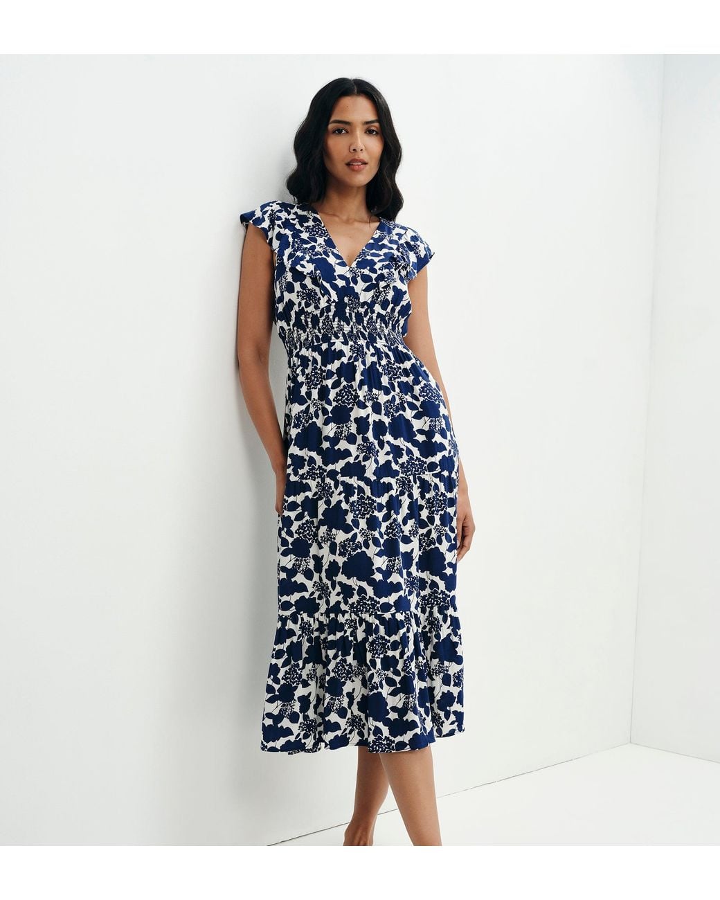 Finery London Blue Mattie Frill Sleeve Empire Waist Tiered Midi Dress
