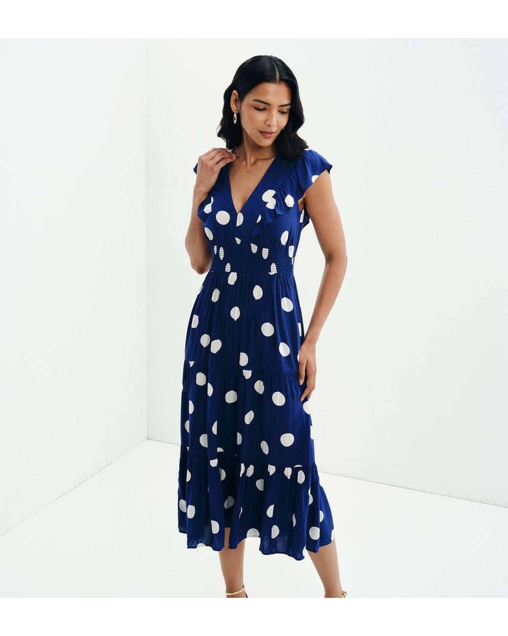 Finery London Blue Mattie Polka Dot Frill Sleeve Empire Waist Tiered Midi Dress