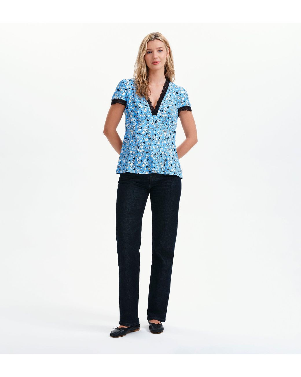 Finery London Blue Lacie Lace Trim V-Neck Empire Waist Top