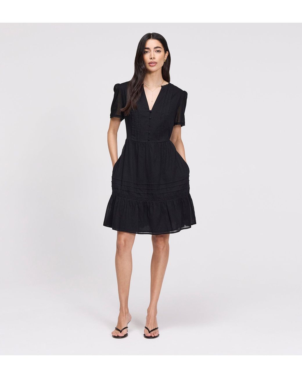 Finery London Black Dakota Cotton Lace Tiered Short Dress