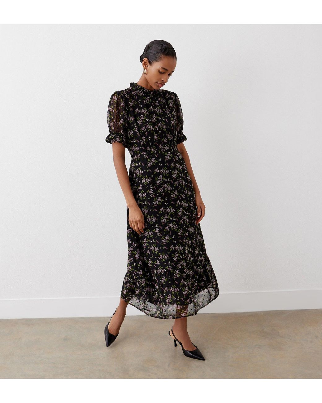 Finery London Black Camille Chiffon Midi Dress