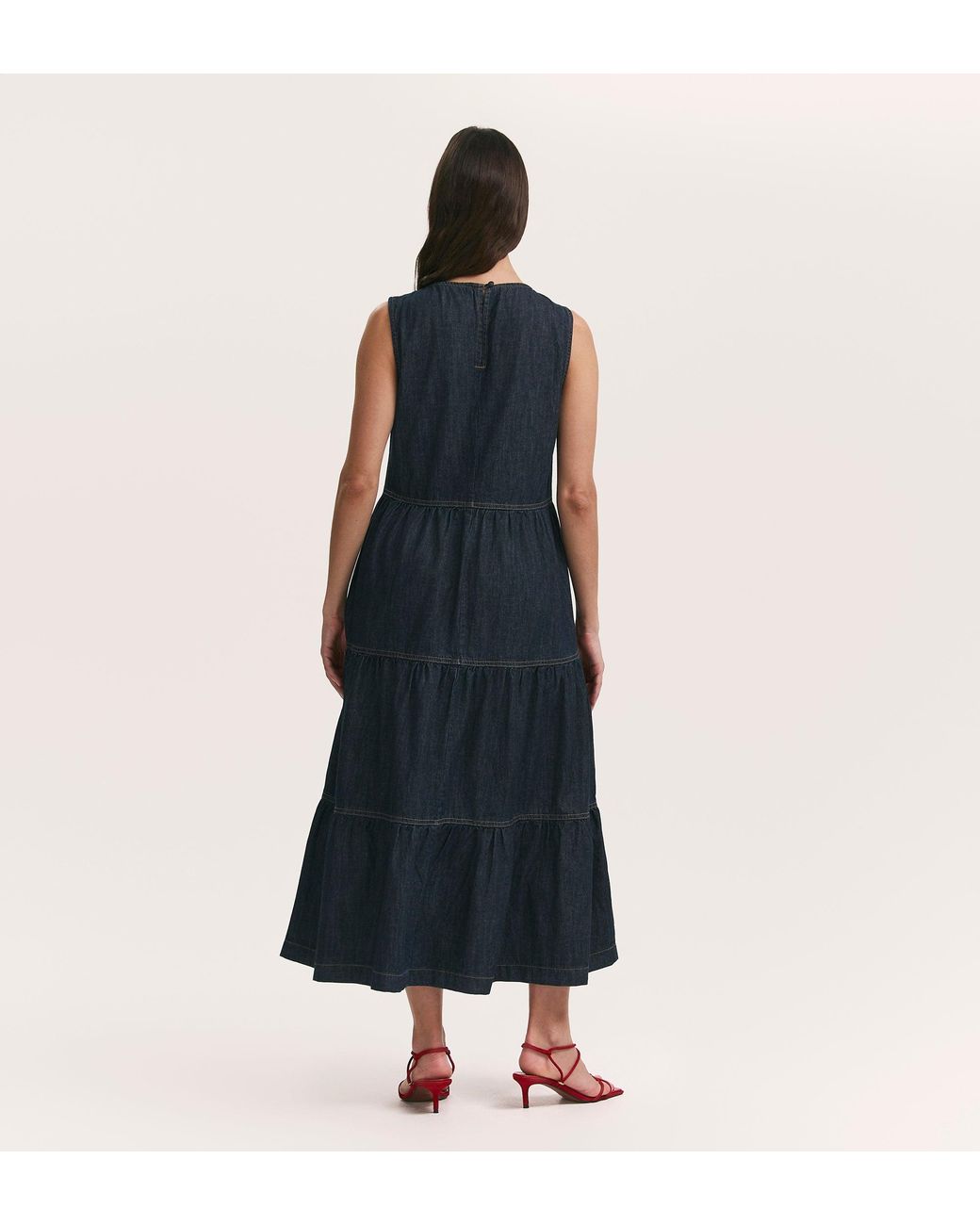 Finery London Blue Essie Denim Sleeveless Midi Tiered Dress