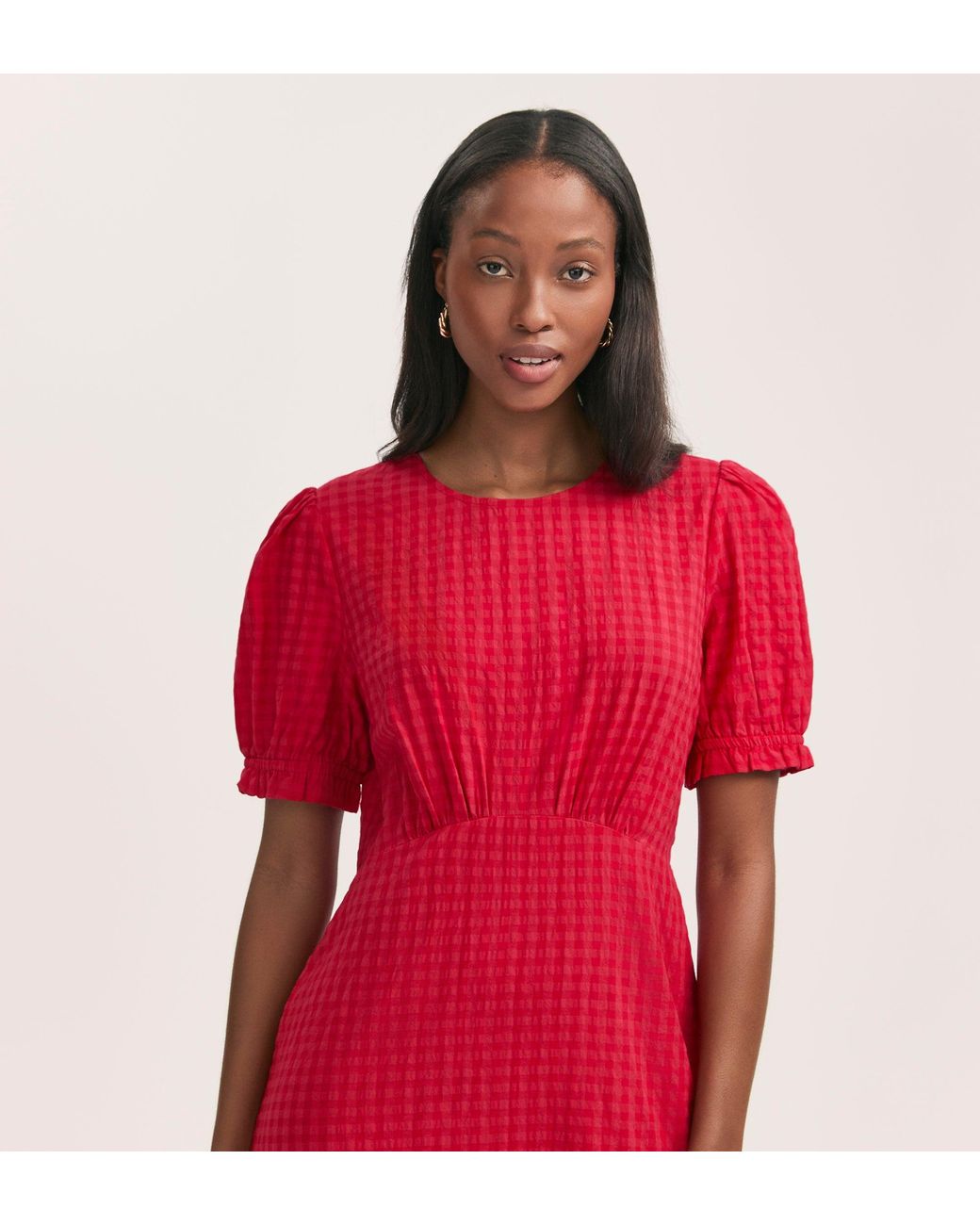 Finery London Red Mela Gingham Seersucker Midi Dress