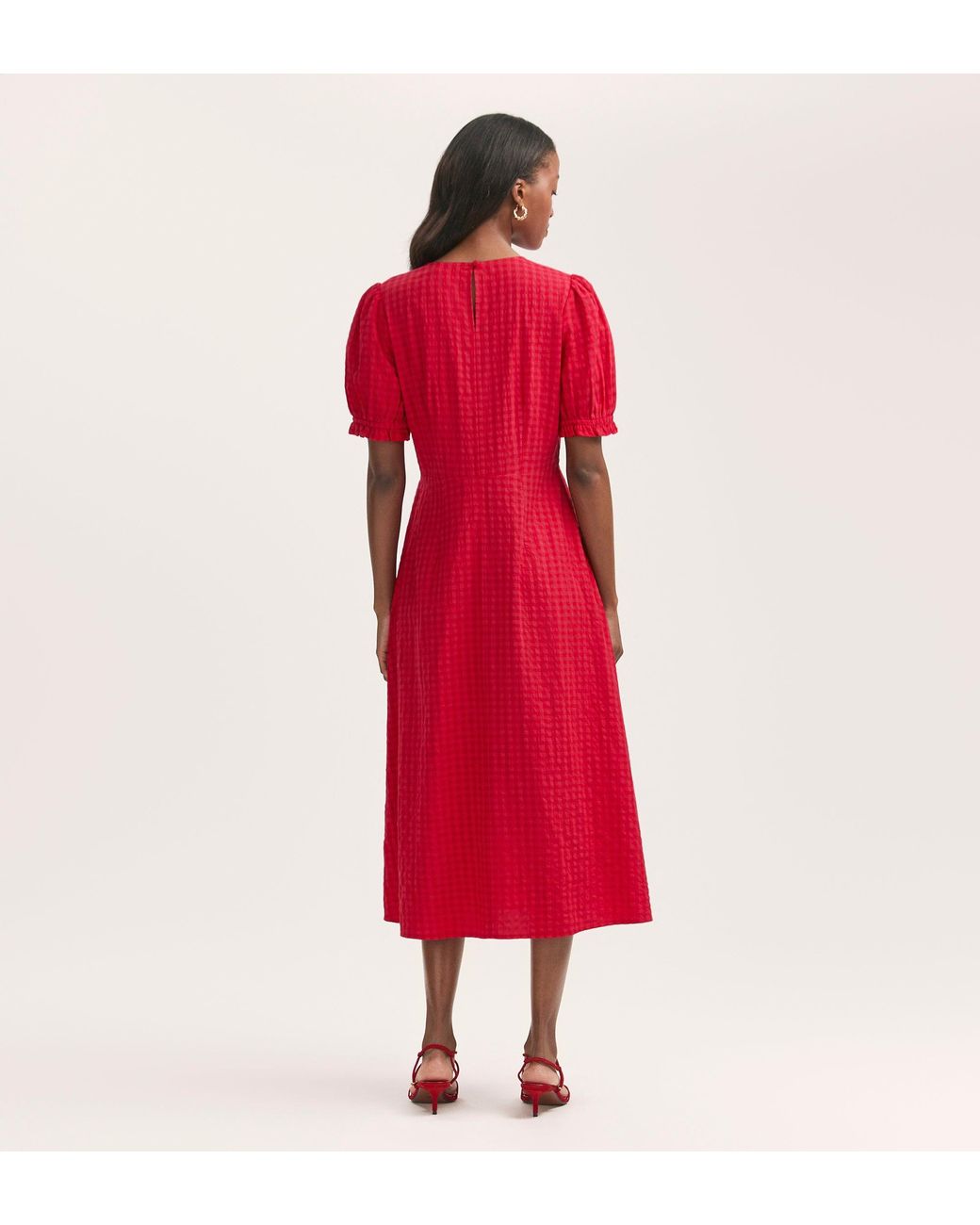 Finery London Red Mela Gingham Seersucker Midi Dress