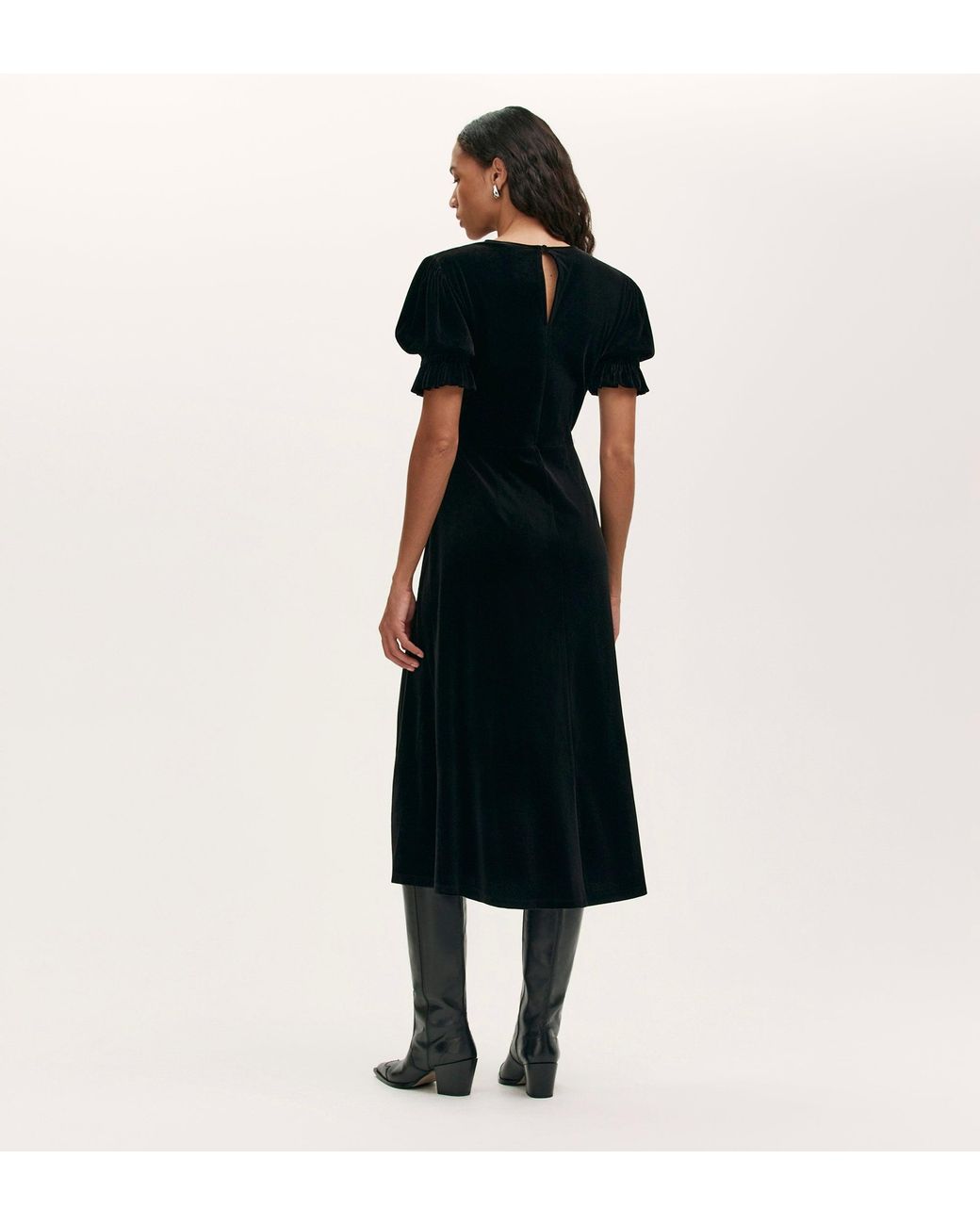 Finery London Black Mela Velvet Midi Tea Dress