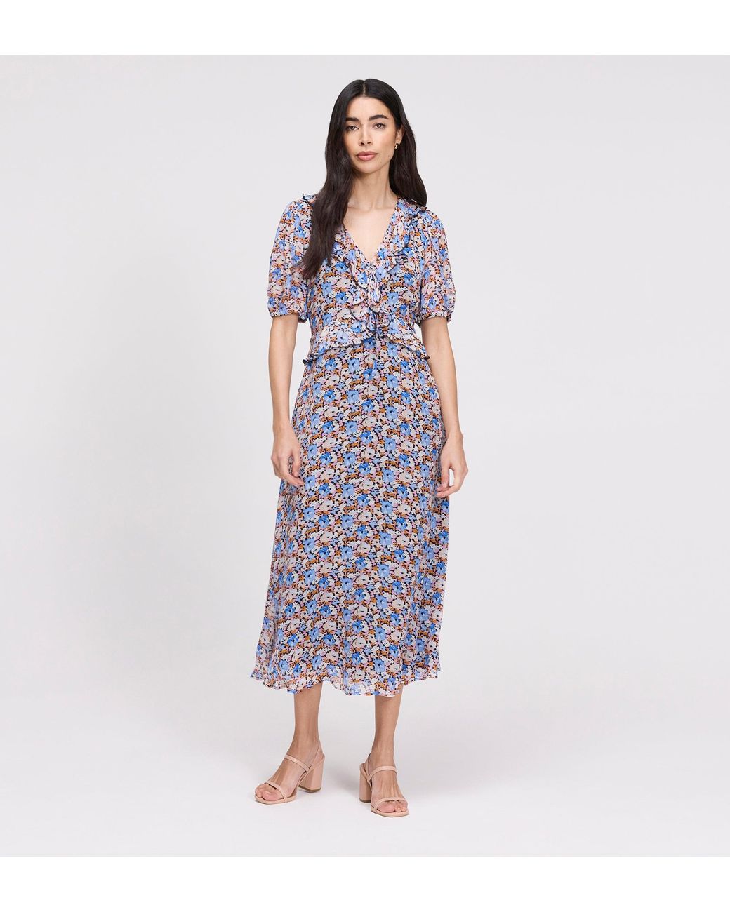 Finery London Purple Pomona Chiffon Ruffle Bow Puff Sleeve Midi Dress