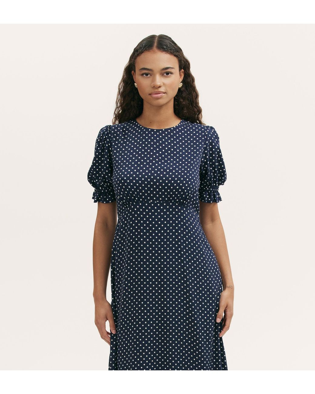 Finery London Blue Mela Polka Dot Crepe Midi Dress