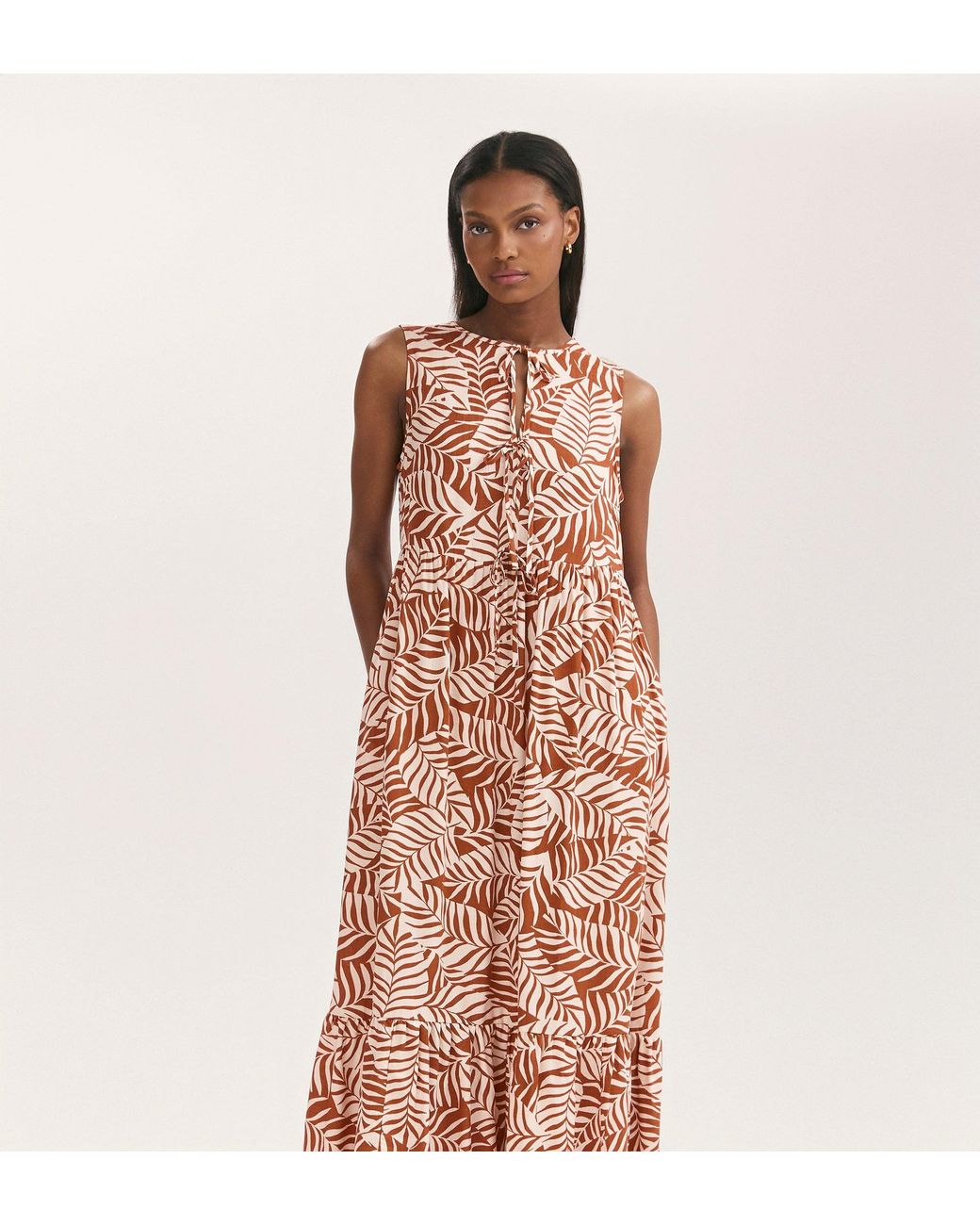 Finery London Pink Larissa Tan Leaf Tie Front Midi Dress