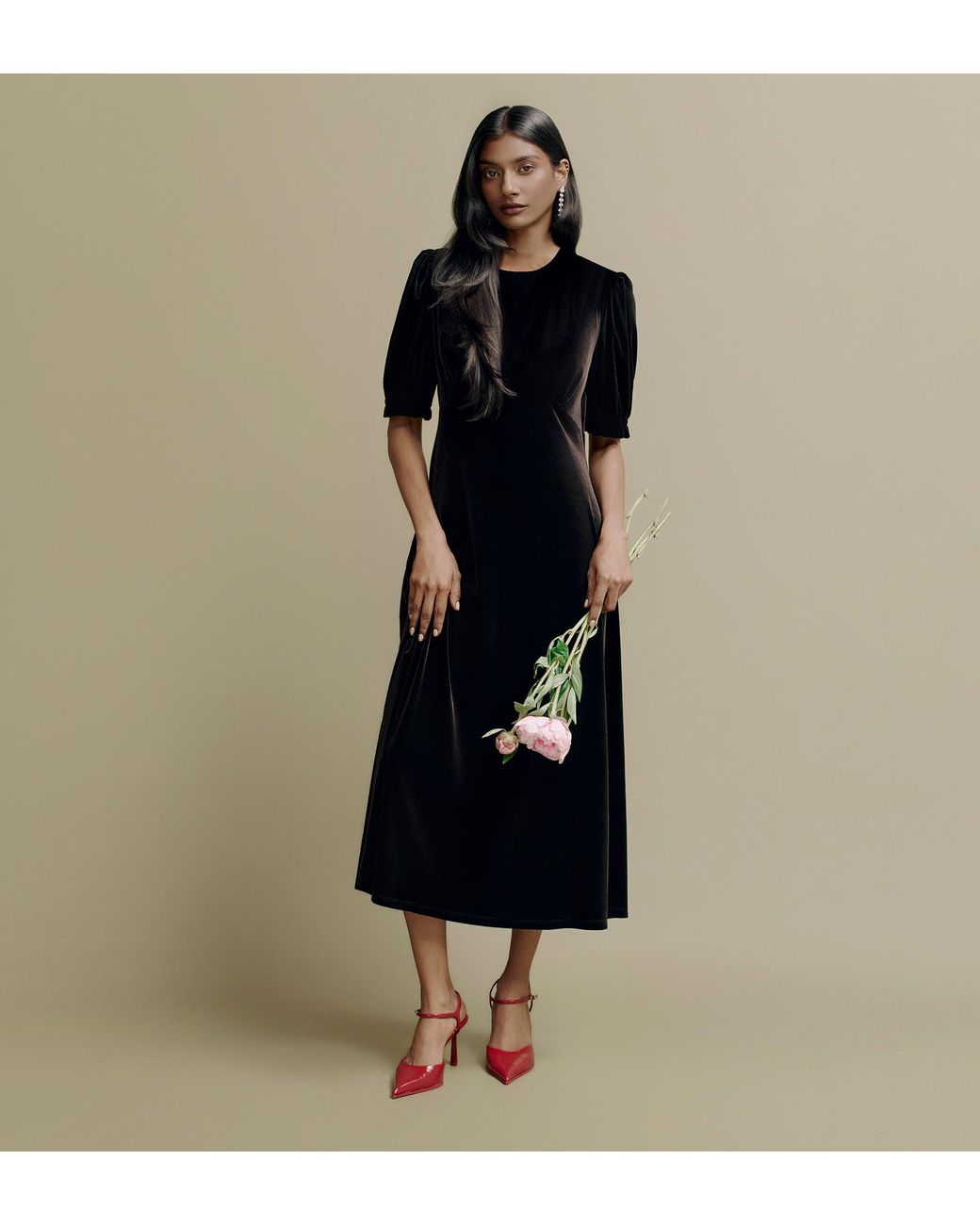 Finery London Black Mela Velvet Midi Tea Dress
