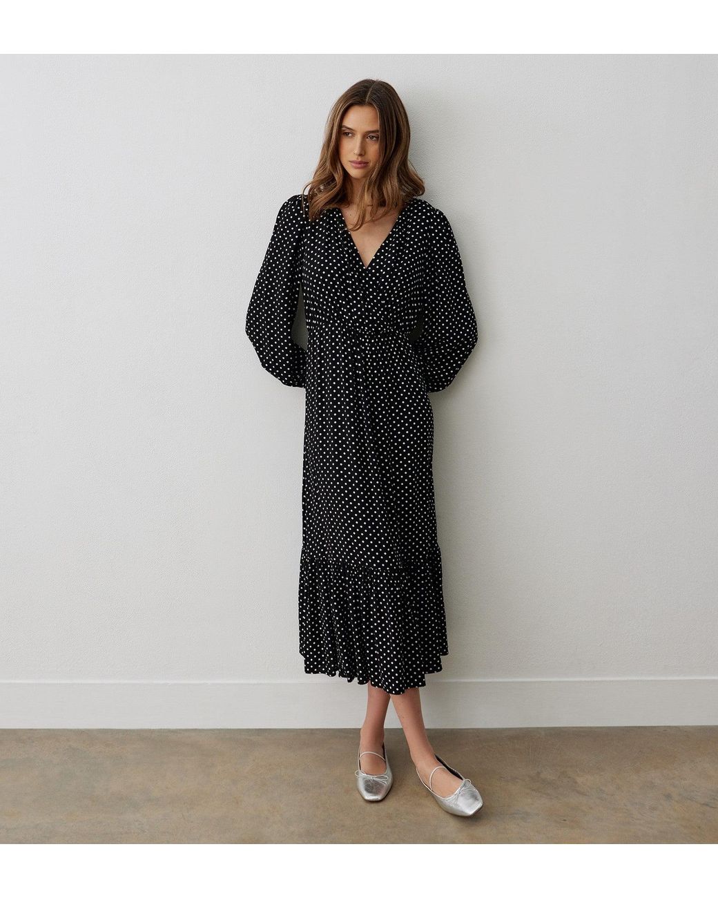 Finery London Black Suzie Polka Dot Midi Dress