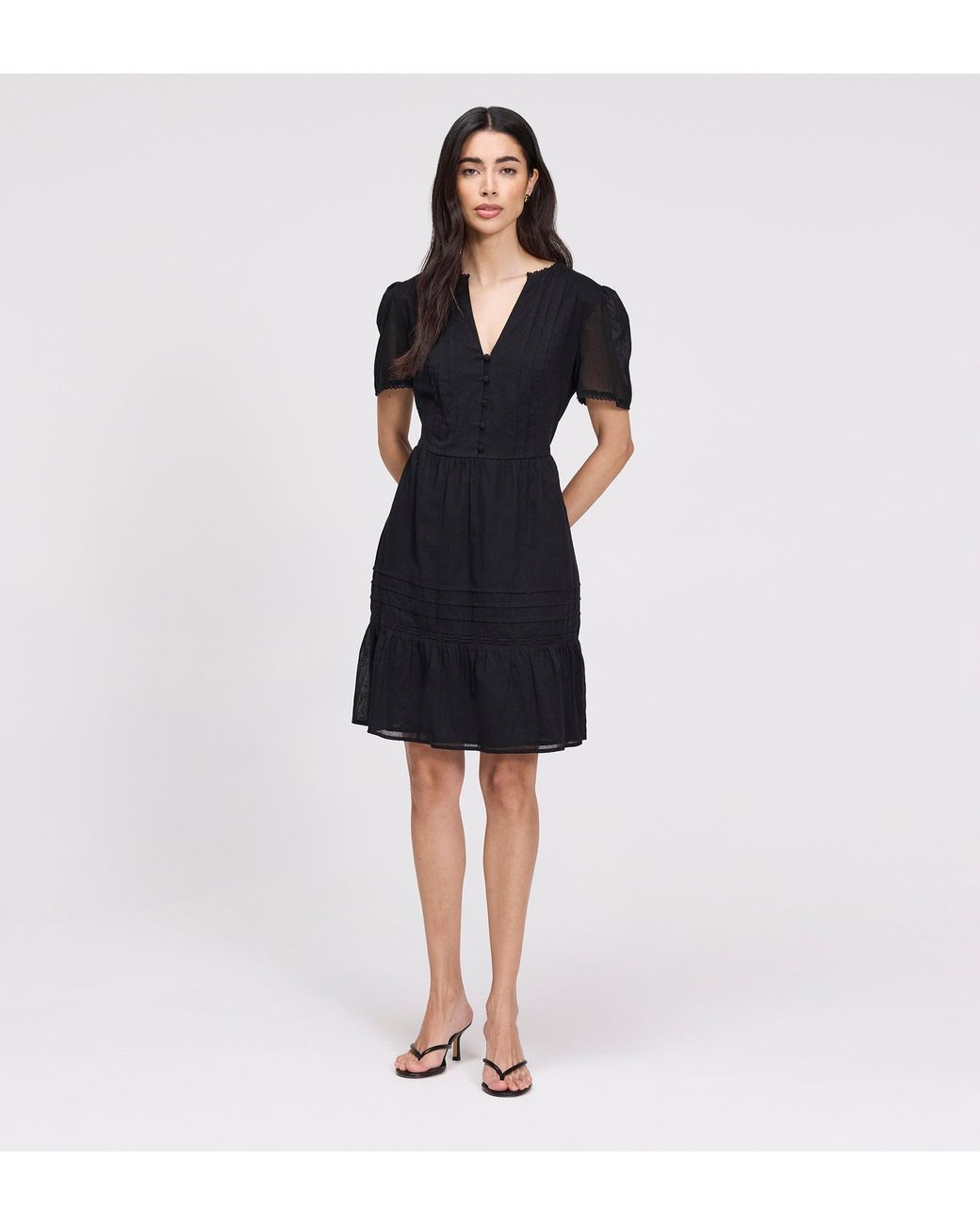 Finery London Black Dakota Cotton Lace Tiered Short Dress