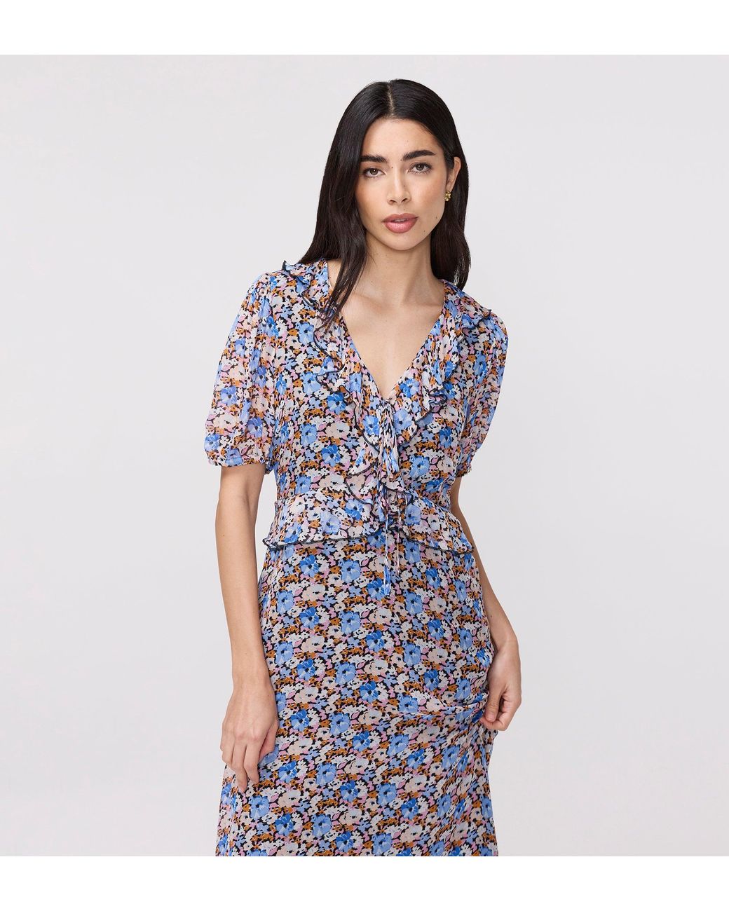 Finery London Purple Pomona Chiffon Ruffle Bow Puff Sleeve Midi Dress