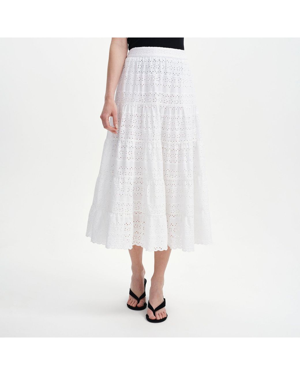Finery London White Siobhan Cotton Broderie Tiered Midi Skirt