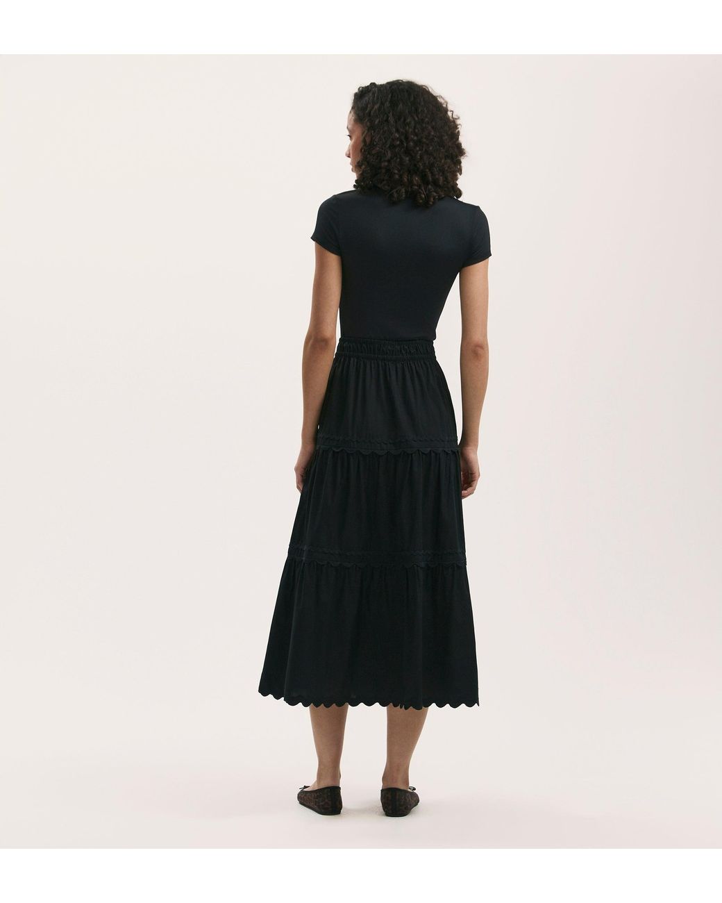 Finery London Black Paula Cotton Ric Rac Trim Midi Skirt