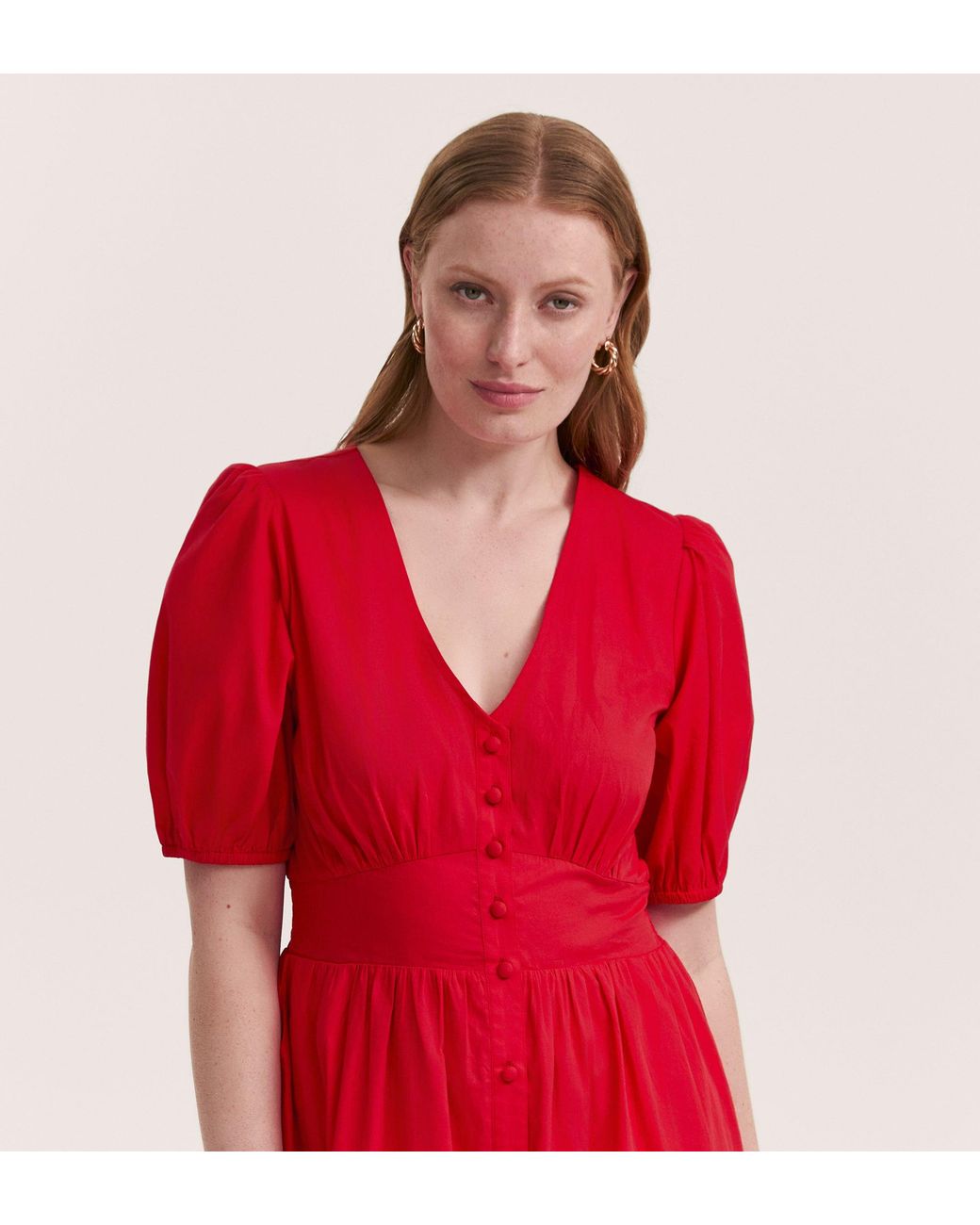 Finery London Red Addison Cotton Midi Tea Dress