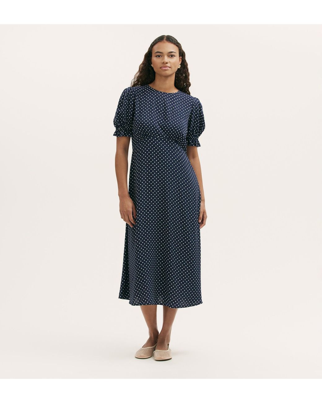 Finery London Blue Mela Polka Dot Crepe Midi Dress