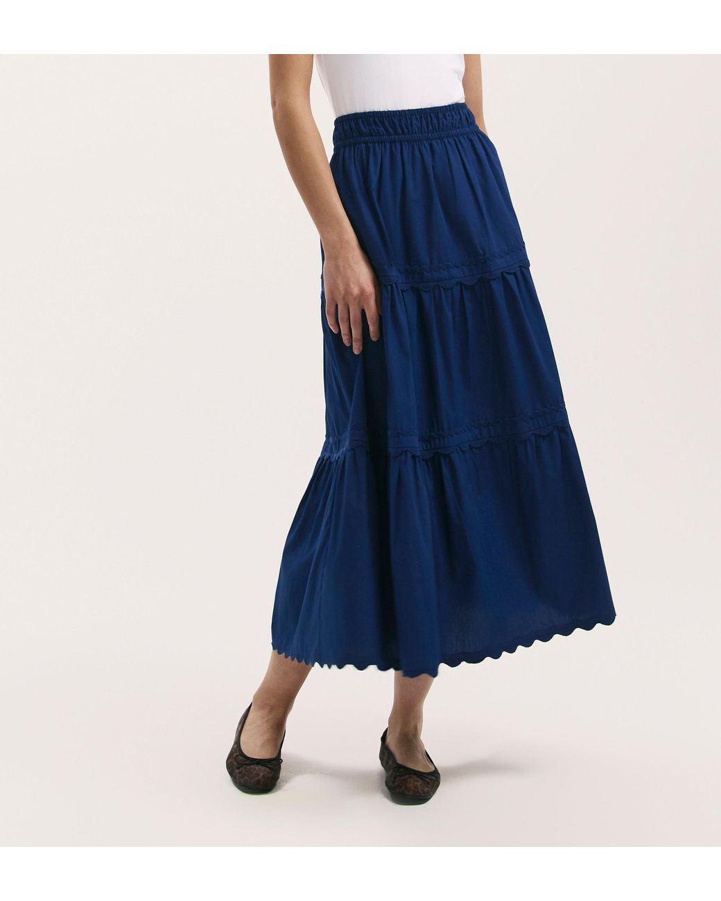 Finery London Blue Paula Cotton Ric Rac Trim Midi Skirt