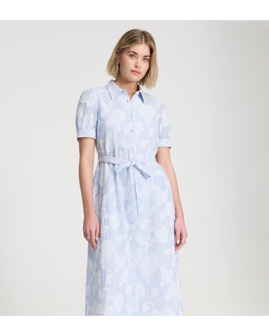 Finery London Blue Mariah Jacquard Stripe Cotton Midi Shirt Dress