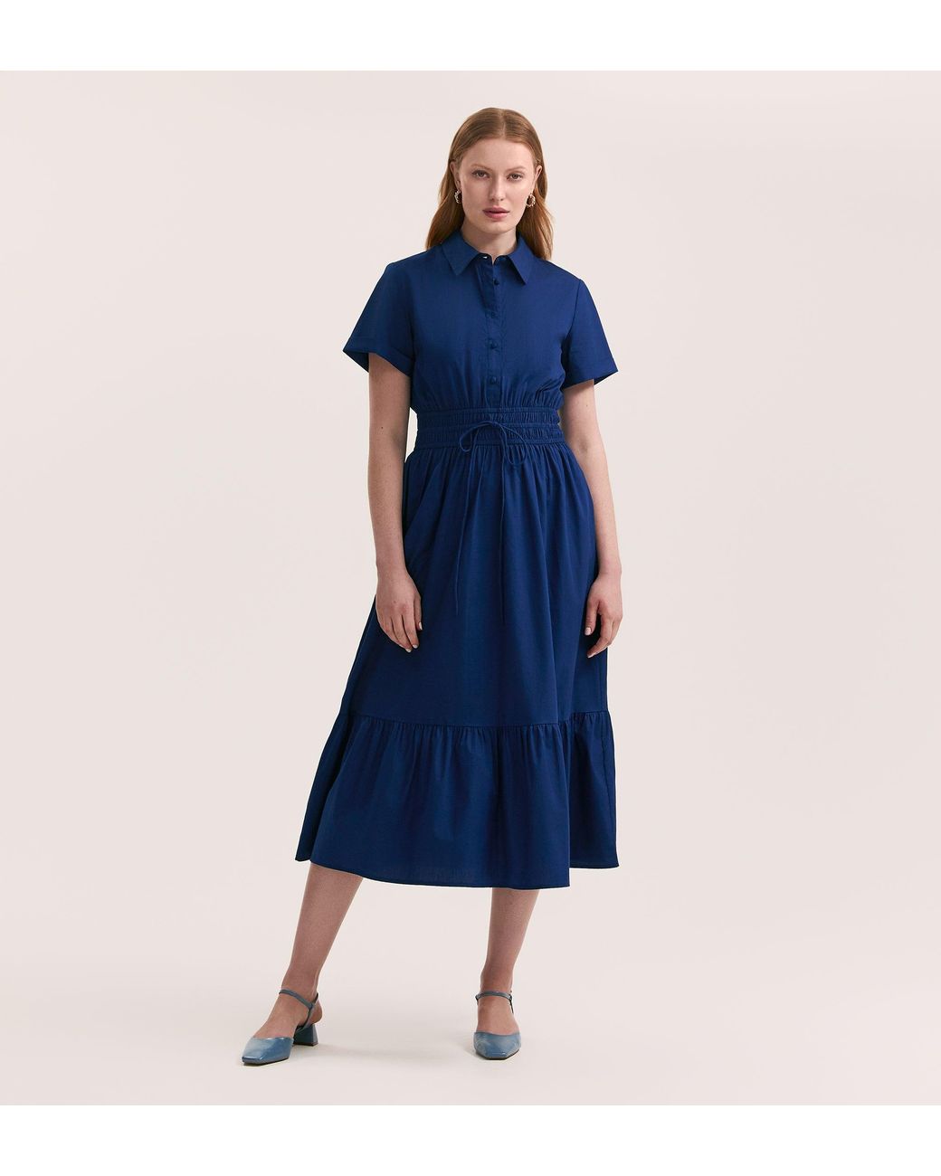 Finery London Blue Penny Cotton Midi Shirt Dress