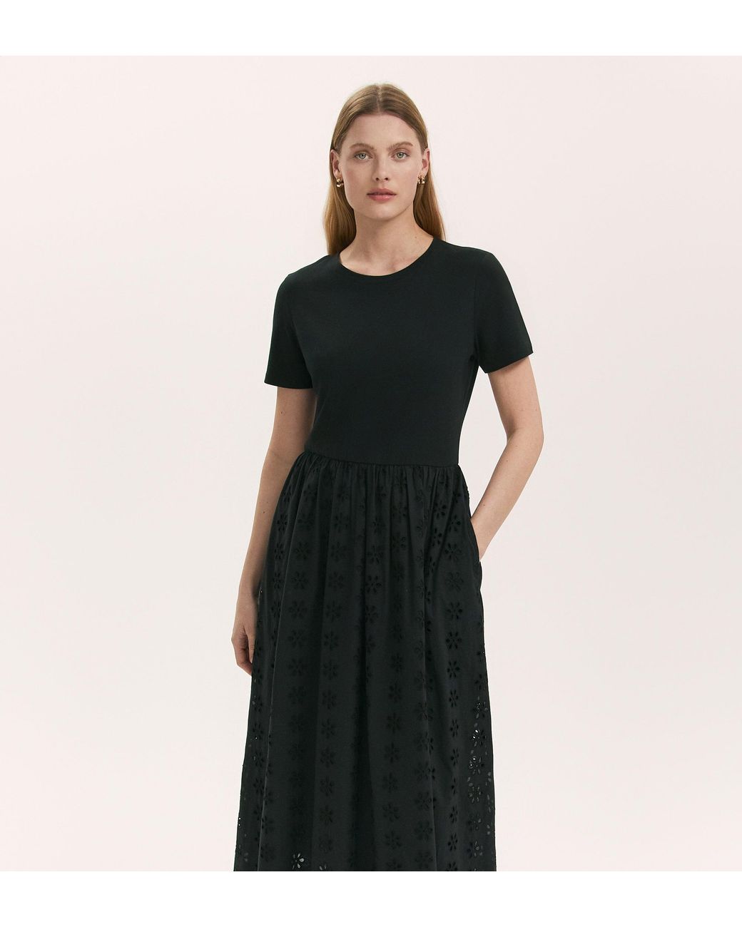 Finery London Black Brea Cotton Broderie Midi T-Shirt Dress