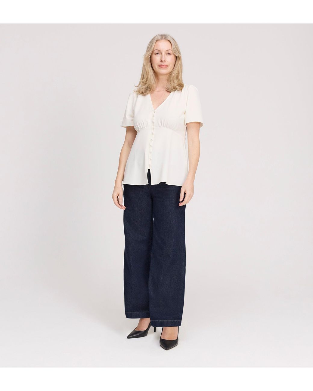 Finery London Natural Maryam Button Up V-Neck Short Sleeve Top