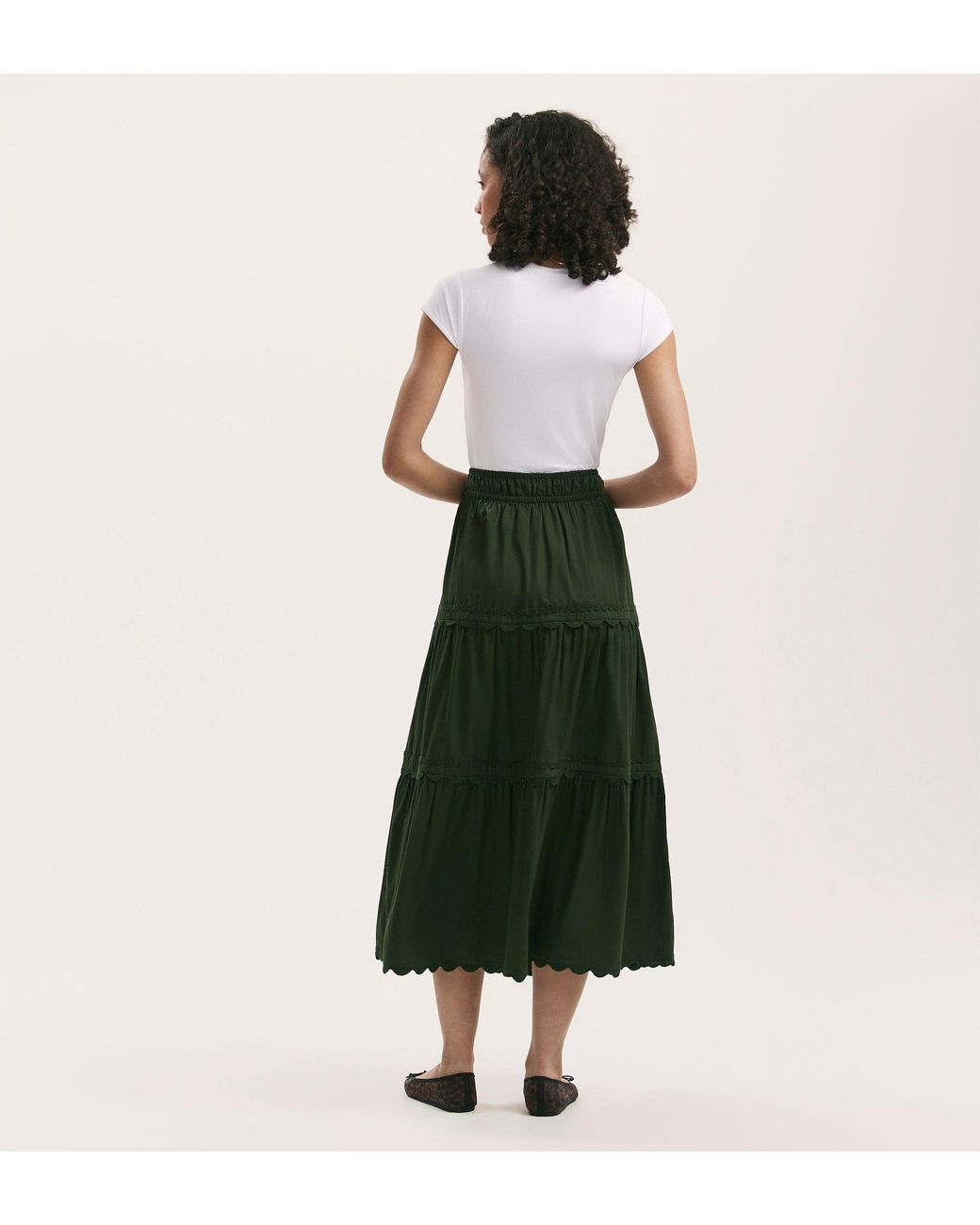 Finery London Green Paula Cotton Ric Rac Trim Midi Skirt