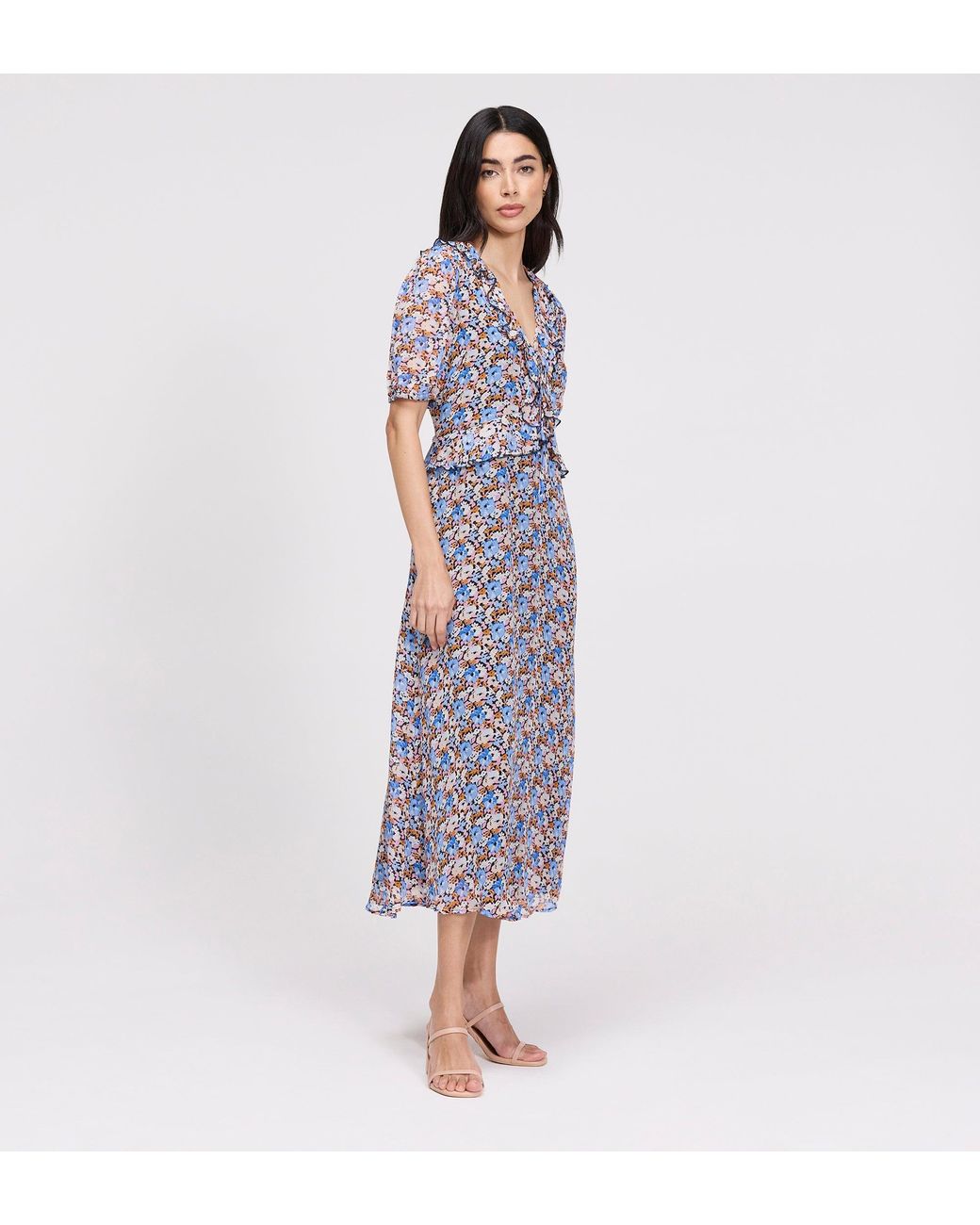Finery London Purple Pomona Chiffon Ruffle Bow Puff Sleeve Midi Dress