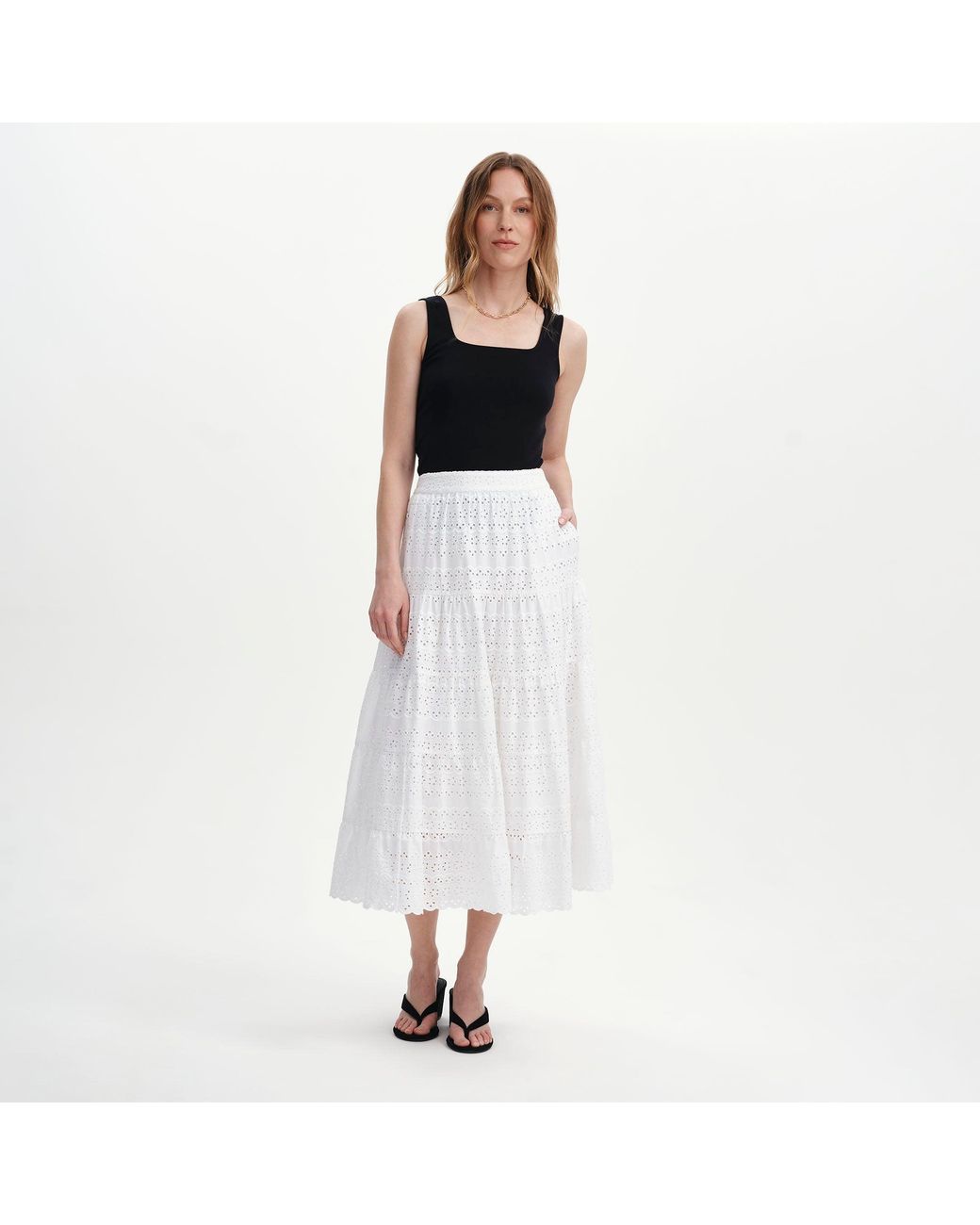 Finery London White Siobhan Cotton Broderie Tiered Midi Skirt