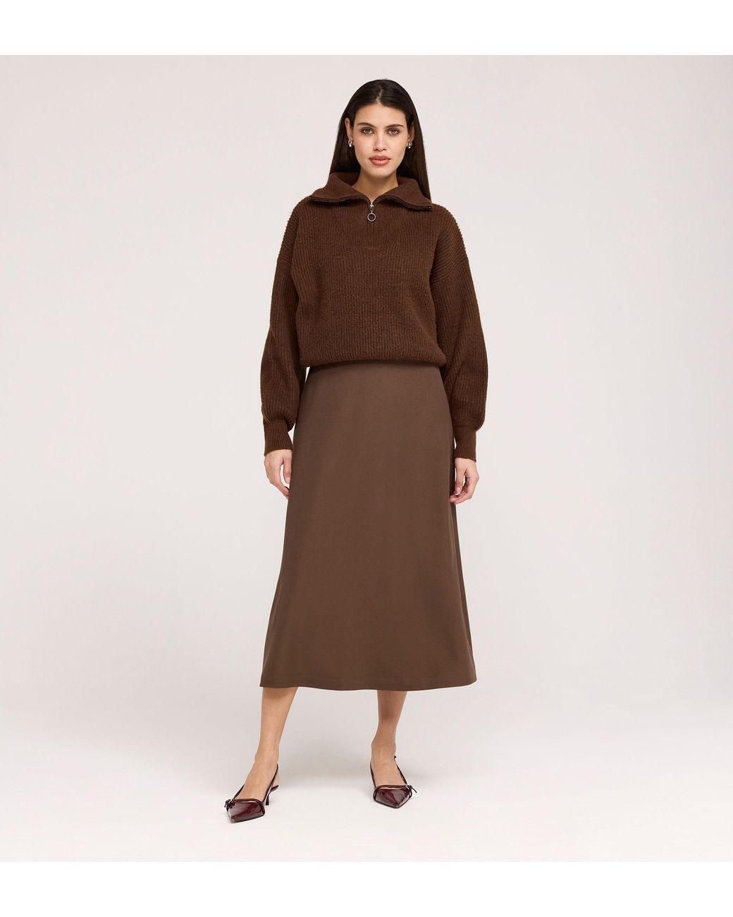 Finery London Brown Ramona Gaberdine Twill Midi Skirt