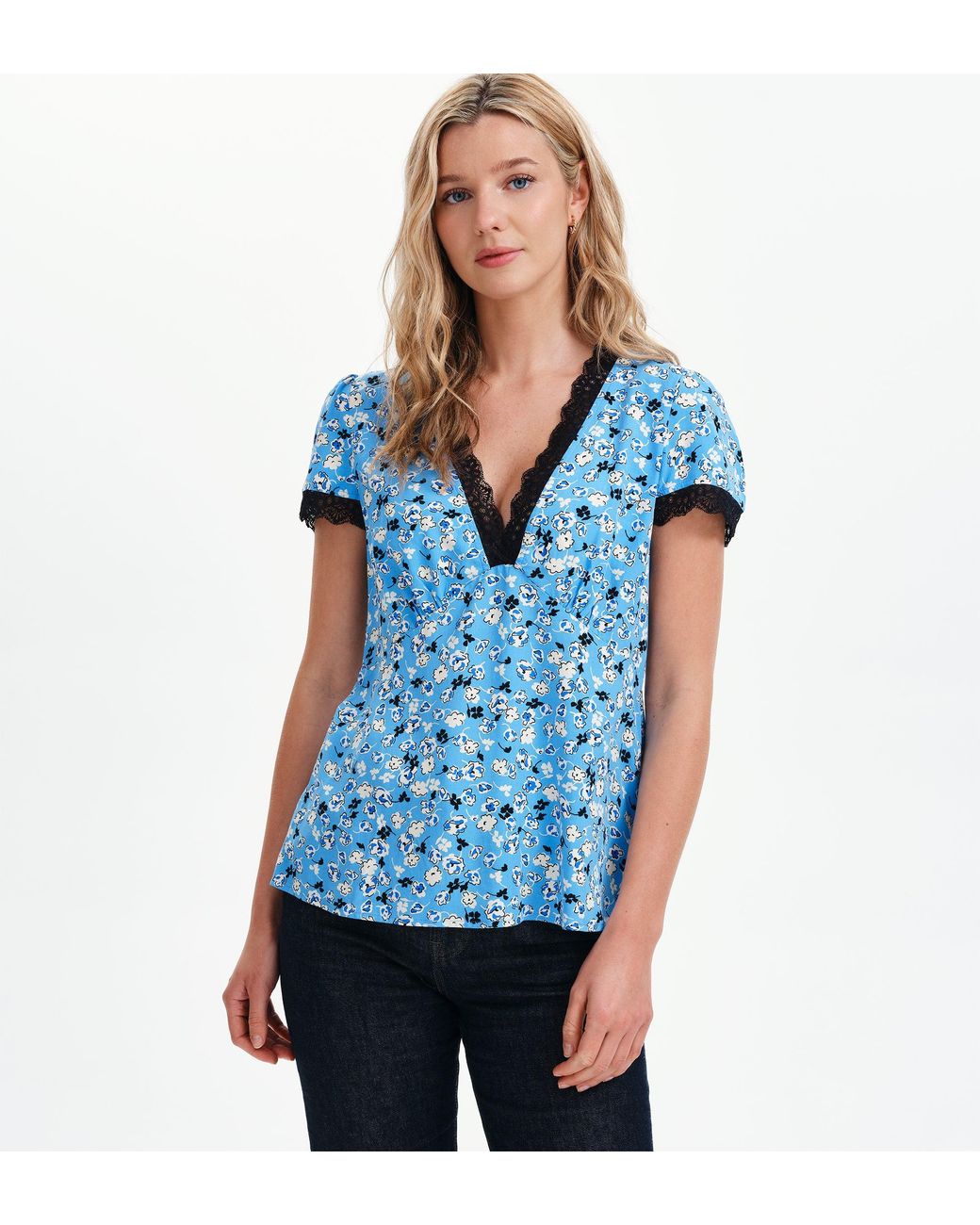 Finery London Blue Lacie Lace Trim V-Neck Empire Waist Top