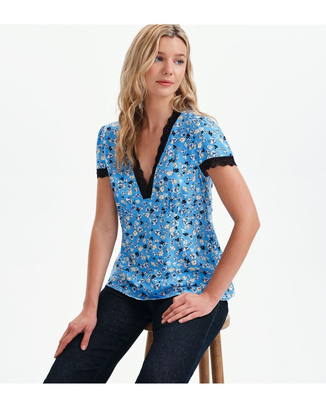 Finery London Blue Lacie Lace Trim V-Neck Empire Waist Top