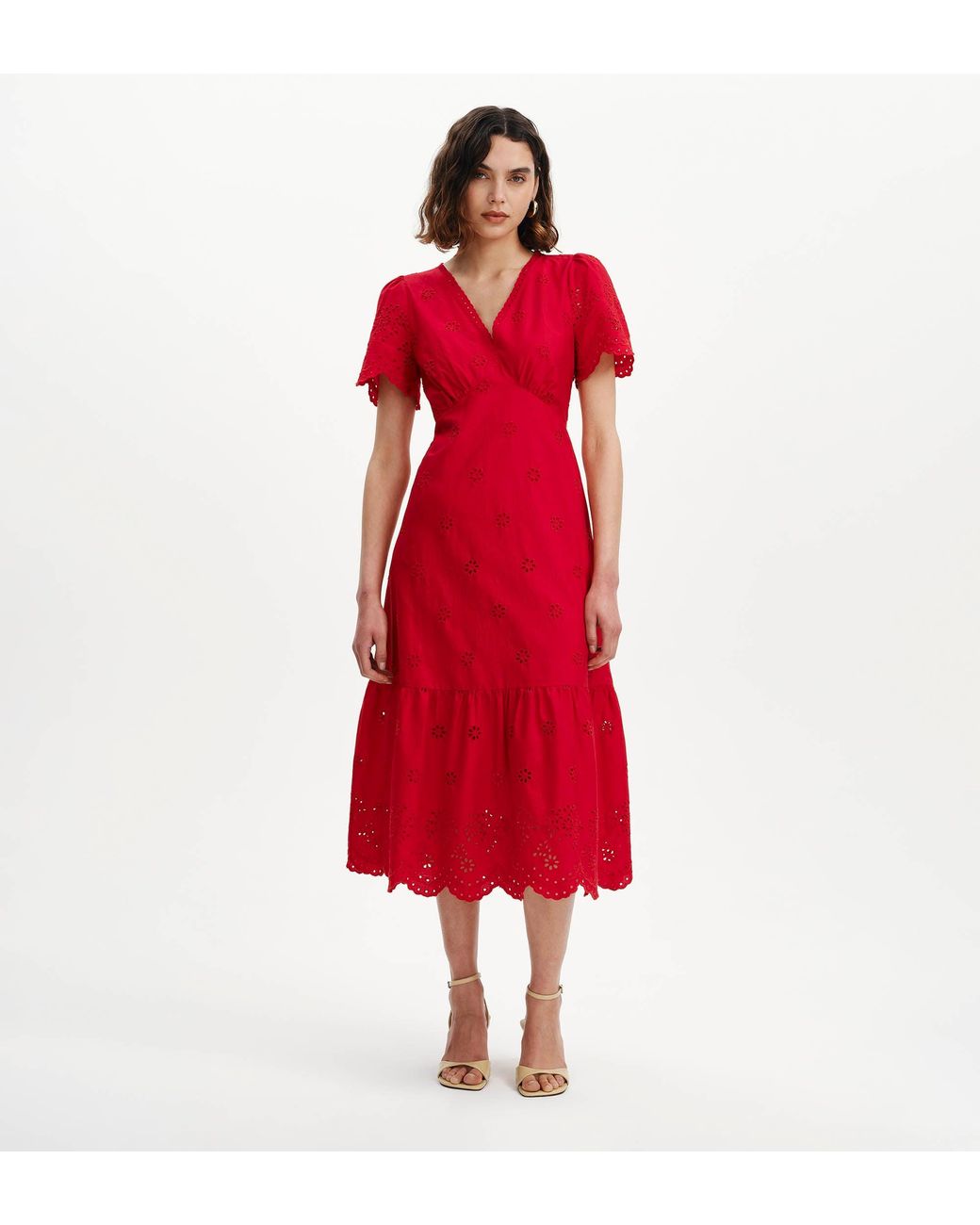 Finery London Red Quinn Cotton Broderie Lace Trim V-Neck Midi Dress