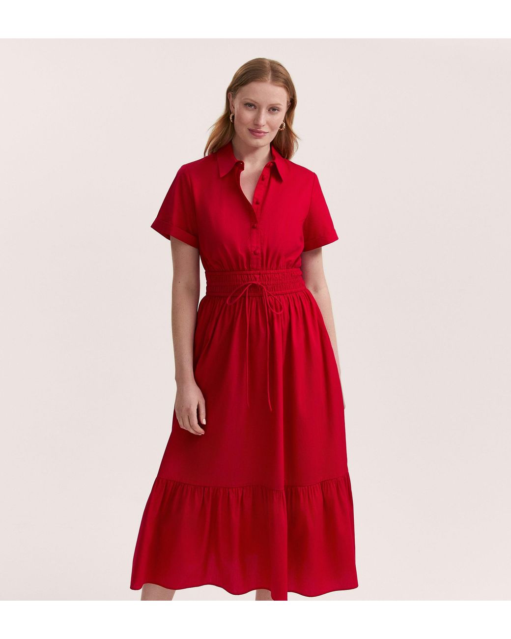 Finery London Red Penny Cotton Midi Shirt Dress