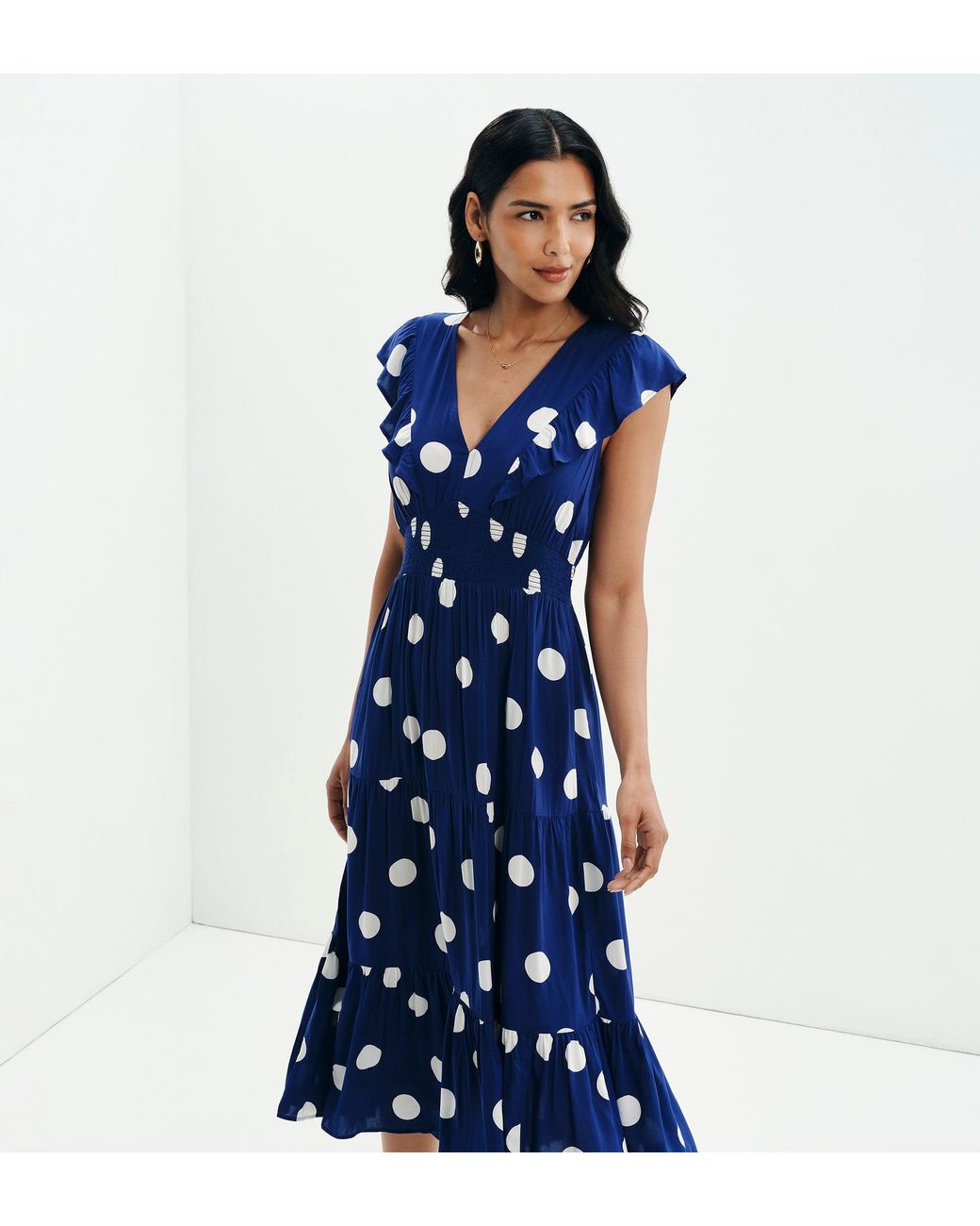 Finery London Blue Mattie Polka Dot Frill Sleeve Empire Waist Tiered Midi Dress