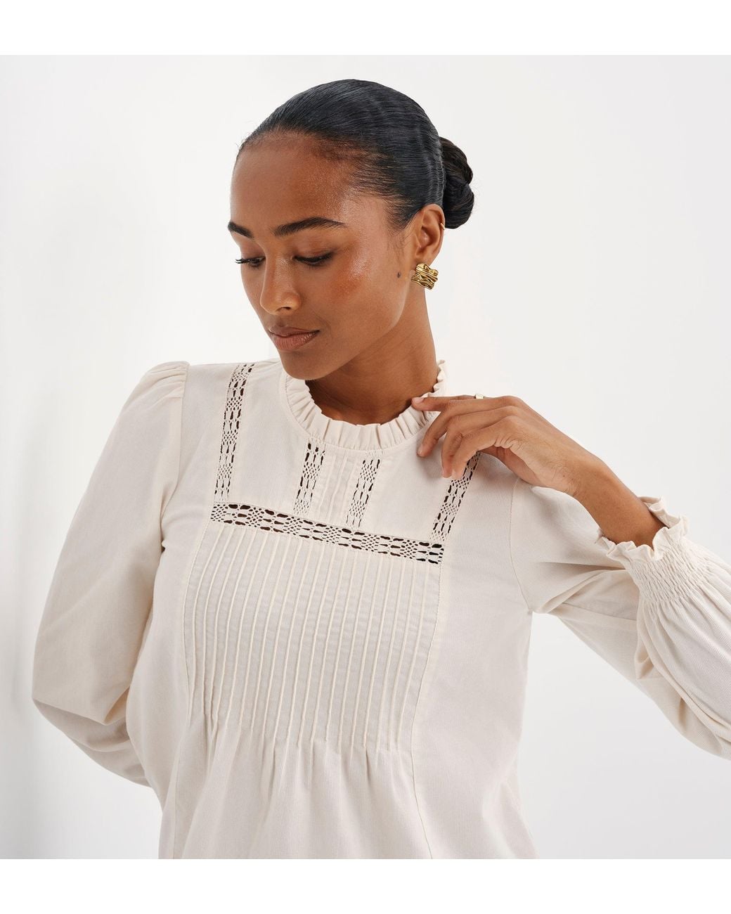 Finery London Natural Alicia Corduroy Lace Trim Pintuck Top