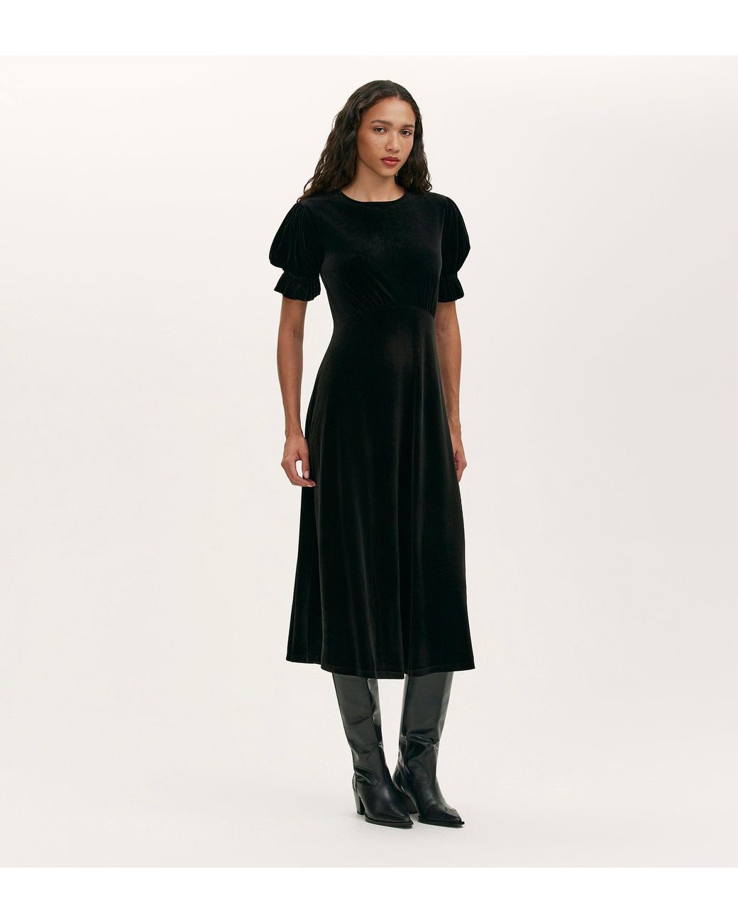 Finery London Black Mela Velvet Midi Tea Dress